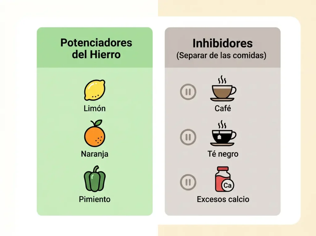 Gráfico comparativo que muestra potenciadores del hierro vegetal como la vitamina C frente a inhibidores como el té y el café