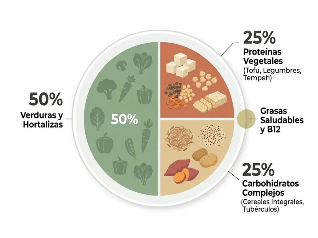 Infografía del plato vegetal equilibrado dividida en 50 % verduras, 25 % proteínas vegetales y 25 % carbohidratos complejos