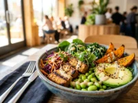 Plato combinado vegano con tempeh dorado, boniato asado, aguacate, edamame y verduras frescas con salsa de tahini