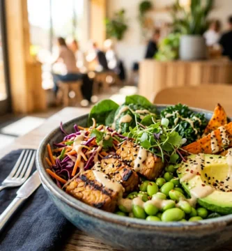 Plato combinado vegano con tempeh dorado, boniato asado, aguacate, edamame y verduras frescas con salsa de tahini