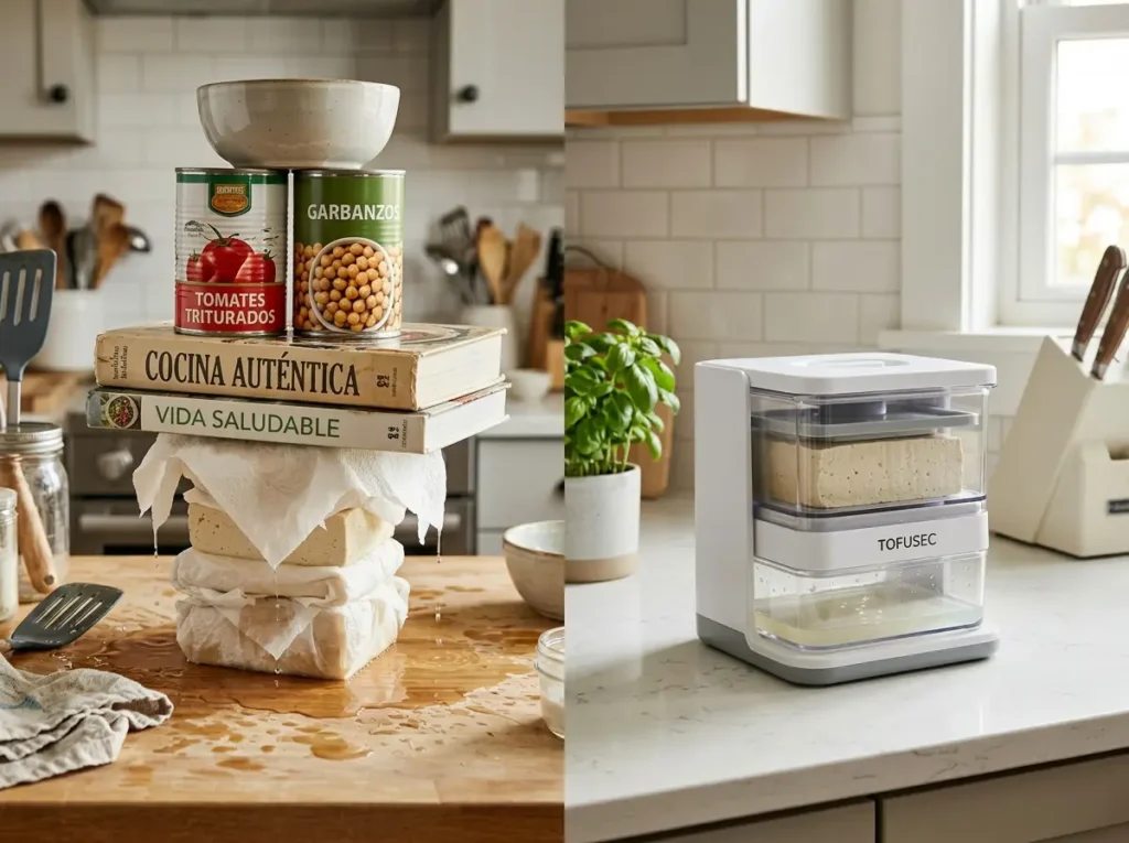 Comparativa visual entre prensar tofu con libros de cocina y usar una prensa de tofu especializada