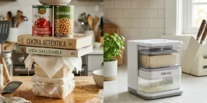Comparativa visual entre prensar tofu con libros de cocina y usar una prensa de tofu especializada