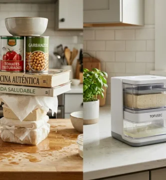 Comparativa visual entre prensar tofu con libros de cocina y usar una prensa de tofu especializada