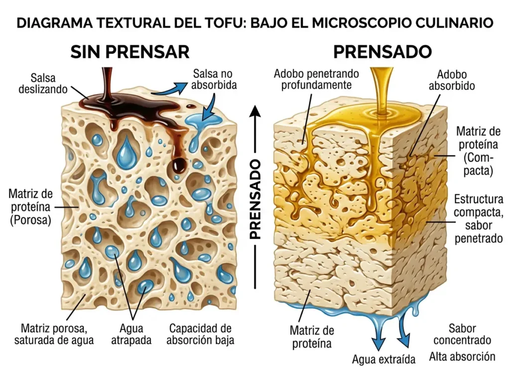 Diagrama del antes y después del prensado del tofu mostrando la absorción del marinado