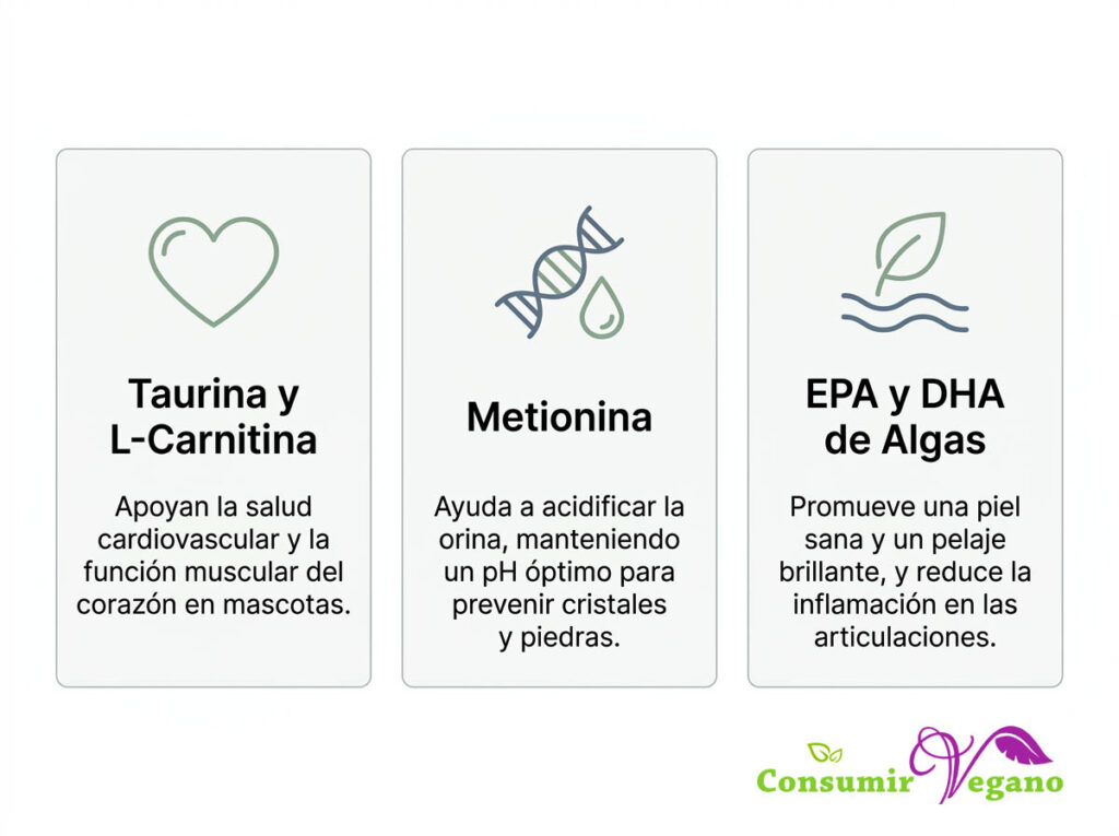 Infografía esquemática con los tres nutrientes clave en el pienso vegetal: taurina, metionina y ácidos grasos de algas