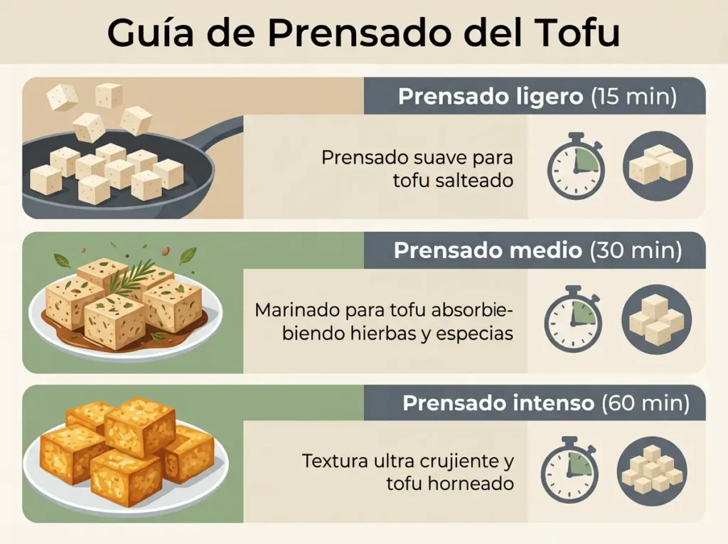 Infografía con los tiempos recomendados de prensado del tofu según el tipo de receta