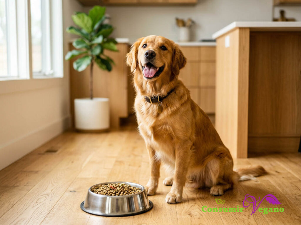 Perro Golden Retriever saludable y enérgico sentado junto a su plato de pienso vegetal en una cocina luminosa