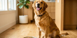 Perro Golden Retriever saludable y enérgico sentado junto a su plato de pienso vegetal en una cocina luminosa