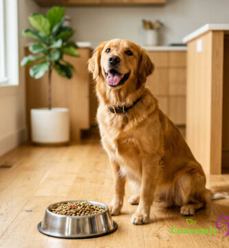 Perro Golden Retriever saludable y enérgico sentado junto a su plato de pienso vegetal en una cocina luminosa